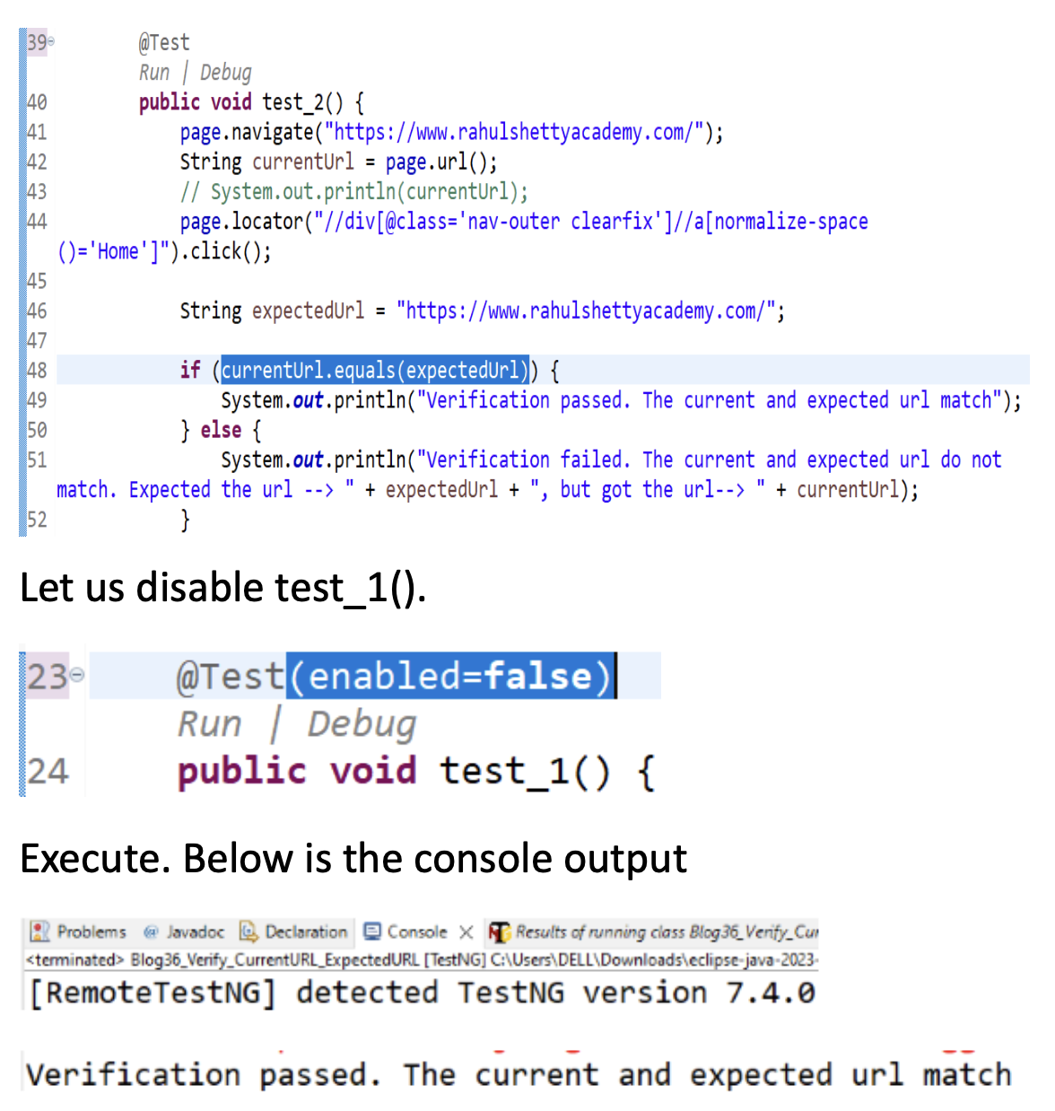Verify “Current versus Expected Url”, Verify “Placeholder Text” using ...